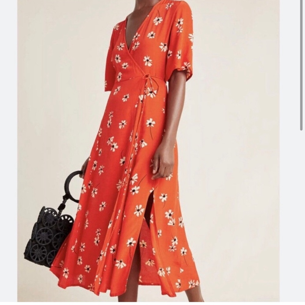 Anthropologie Faithfull The Brand Red and Cream floral maxi wrap dress